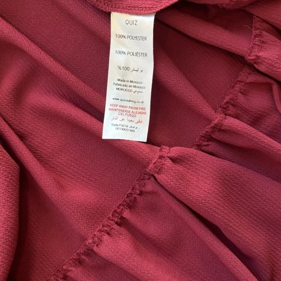 Quiz Crepe Maroon Tiered Wrap Dip Hem Dress Ruffle Cap Sleeve US 12 Whimsigoth - Picture 10 of 13